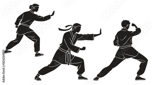 Silhouettes of karate fighters in defensive poses