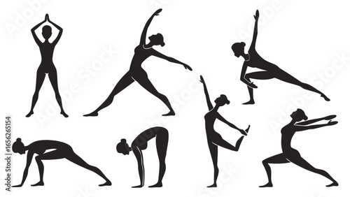 Silhouettes of women in various yoga poses