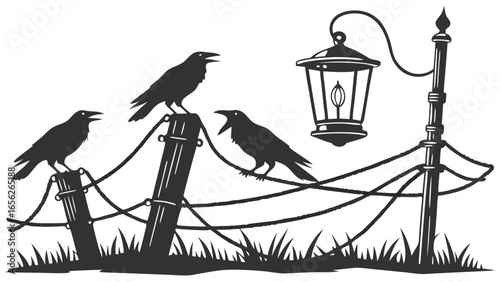 Three crows perched on a fence with a vintage lantern
