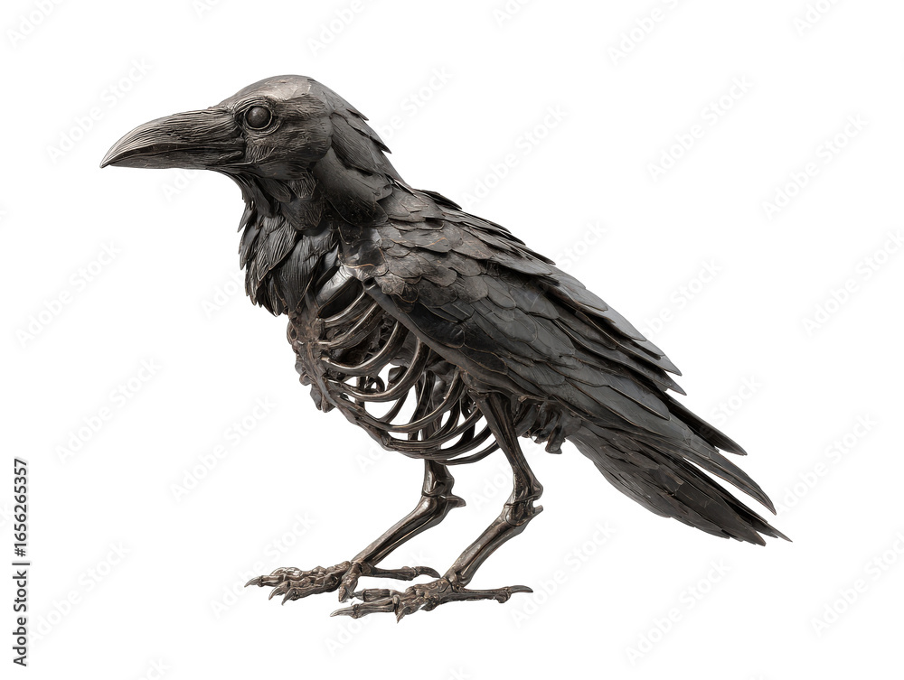Fototapeta premium Intricate dark metal raven sculpture with an exposed skeletal ribcage and detailed feathers.