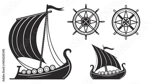 Viking ship and steering wheel illustration