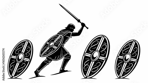 Viking warrior attacking with sword and shield