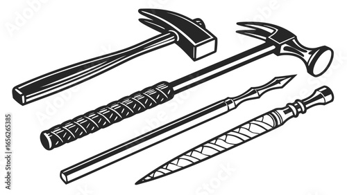 Vintage carpentry tools, hammer, file, and awl