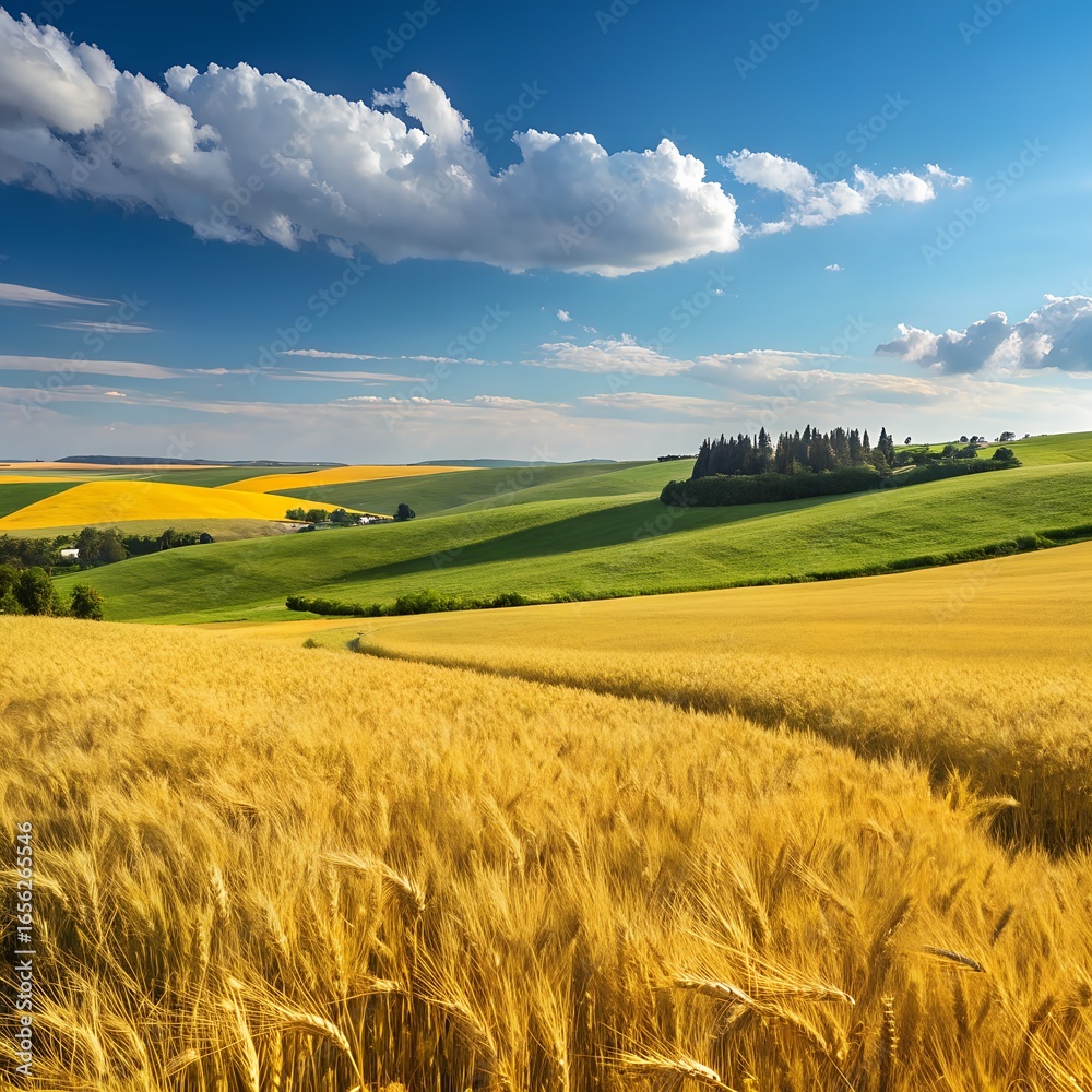 Obraz premium Green wheat field under blue sky in countryside landscape