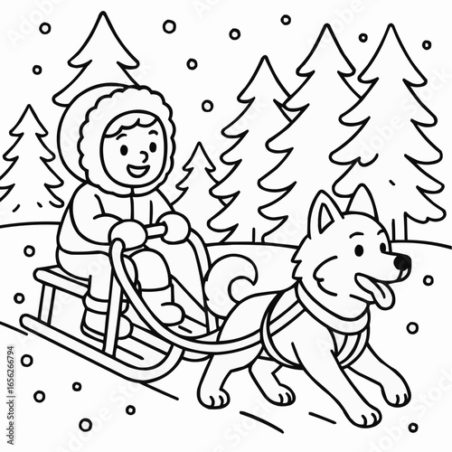 Coloring page for kids - Child sledding with dog in winter forest with snowflakes falling  