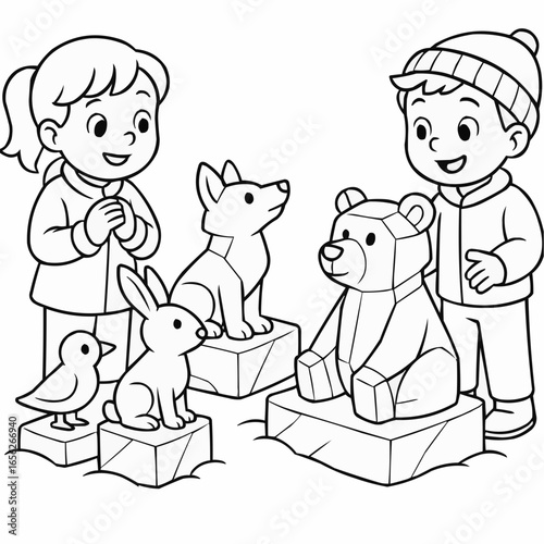 Coloring page for kids - Children admiring animal sculptures in a winter scene  