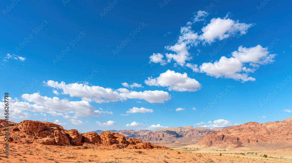 Fototapeta premium Stunning panoramic view of desert landscape featuring red rock formations, blue sky, and fluffy white clouds, evoking sense of tranquility