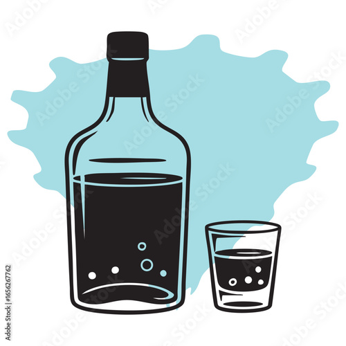 Black Silhouette of Liquor Bottle and Shot Glass with Bubbles on Blue Splash drink alcohol