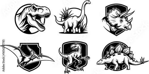 Collection of Dinosaur Illustrations and Logos in Black and White