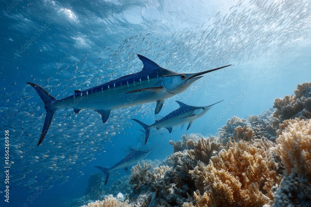 Fototapeta premium Blue Marlin Swordfish swimming gracefully through vibrant coral reef with schools of fish