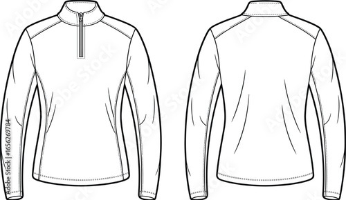 Long sleeve pullover top, half zip collar design, technical flat sketch, athletic sportswear, fashion vector template, sweatshirt illustration drawing