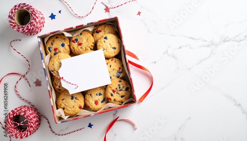A box of festive cookies with colorful sprinkles and a blank tag, surrounded by celebratory string and star confetti on a white marble surface.