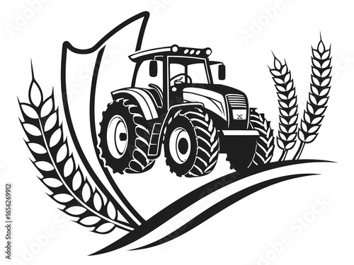Agricultural Emblem: Tractor, Wheat, and Shield Design isolated on transparent background