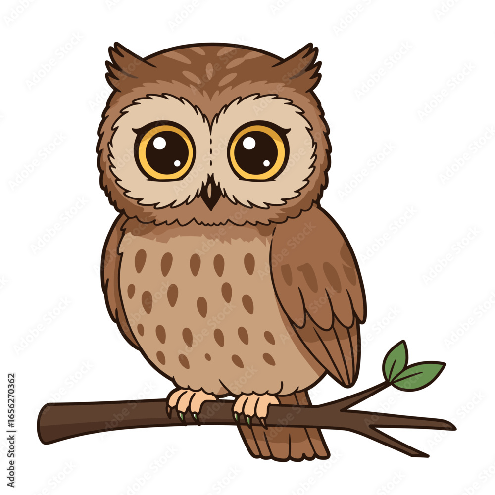 Fototapeta premium Cute Cartoon Owl Perched on Branch Illustration for Children's Design