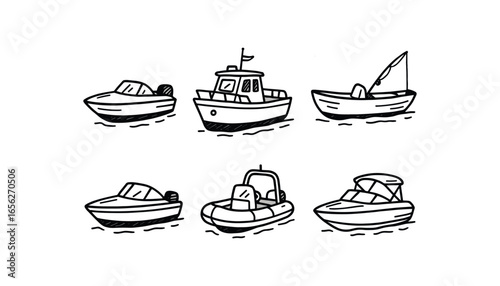hand drawn cute doodle ink line art style line monochrome monochrome isolated on white background harbor runabout (uses): transport patrol fishing touring rescue leisure