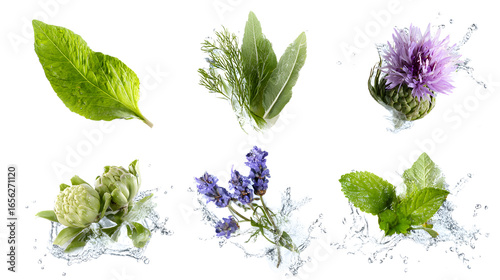 Fresh green and purple herb leaves and flowers isolated on white background, perfect for culinary and botanical projects
