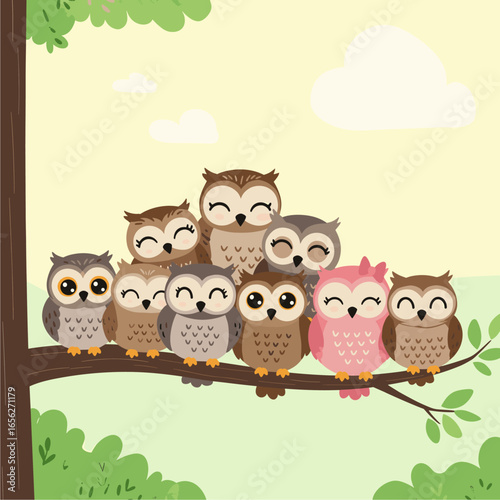 Adorable cartoon owl family on a tree branch. Happy forest birds illustration perfect for children's designs and nature themes.