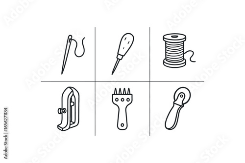 hand drawn cute doodle ink line art style line monochrome monochrome isolated on white background belt loop maker (tools): needle awl thread clamp punch cutter