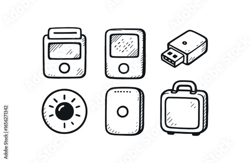 hand drawn cute doodle ink line art style line monochrome monochrome isolated on white background biochip reader (features): slot display button port light case