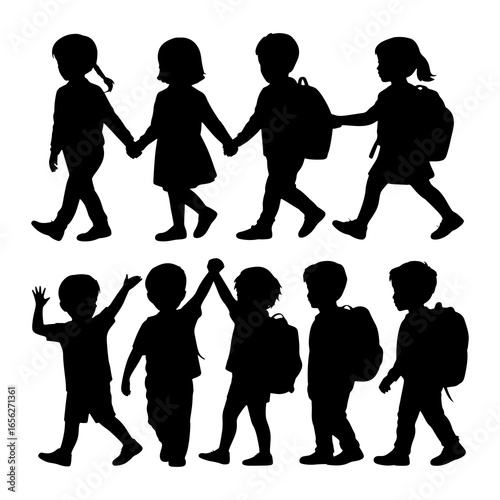 Children walking together with backpacks school silhouettes