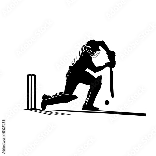 Cricket batsman hitting ball silhouette stumps