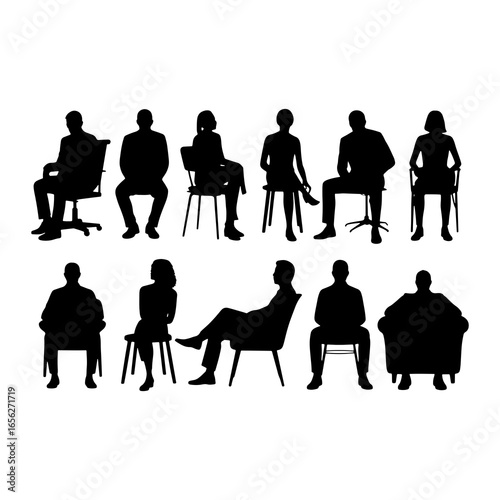Silhouetted people seated on chairs silhouettes waiting