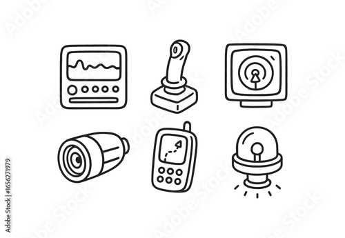 hand drawn cute doodle ink line art style line monochrome monochrome isolated on white background seafloor sensor pilot (tools): console joystick sonar camera GPS light
