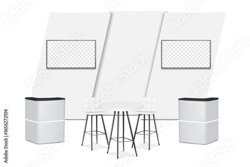 Trade show booth display kit mock-up. Expo tradeshow set template. Backdrop banner with LCD monitor TV video panels, white table, chairs and exhibition counter stands. 3d vector mockup