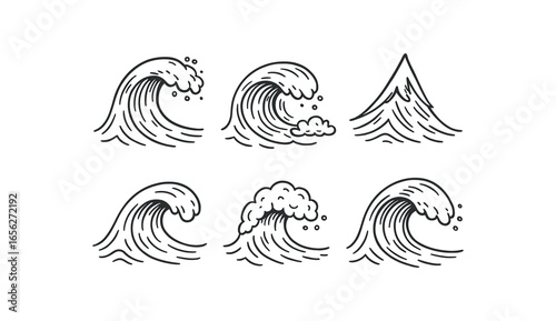 hand drawn cute doodle ink line art style line monochrome monochrome isolated on white background splash wave (types): breaker barrel peak swell foam crest