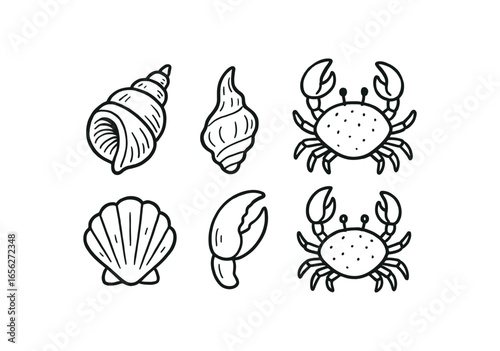 hand drawn cute doodle ink line art style line monochrome monochrome isolated on white background crab (features): claw leg eye antenna carapace