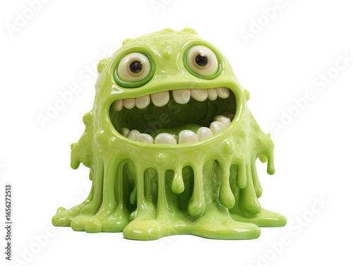 Joyful lime green dripping slime monster with big eyes and a wide toothy smile.