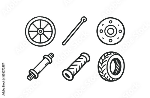 hand drawn cute doodle ink line art style line monochrome monochrome isolated on white background turn wheel (parts): rim spoke hub axle grip tire