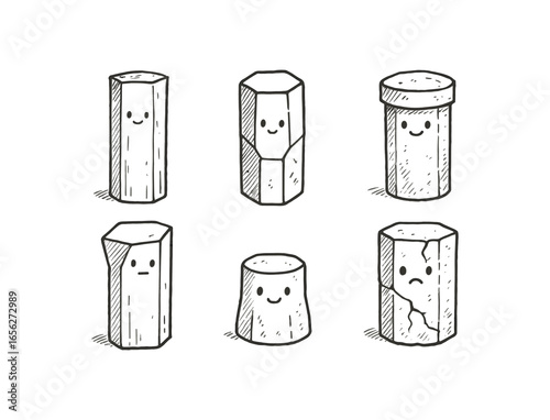 hand drawn cute doodle ink line art style line monochrome monochrome isolated on white background basalt pillar (features): column joint face edge cap crack