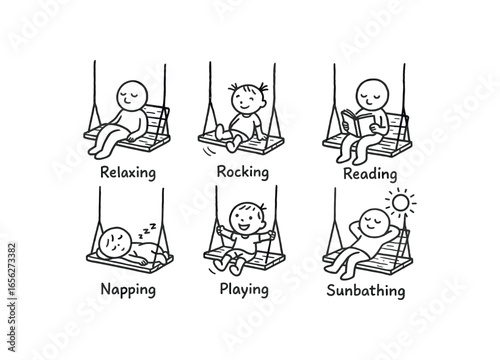 hand drawn cute doodle ink line art style line monochrome monochrome isolated on white background swing (uses): relaxing rocking reading napping playing sunbathing