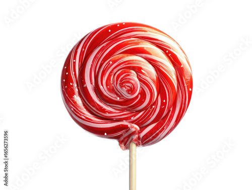 Glossy red and white swirled round lollipop with white speckles on a wooden stick.