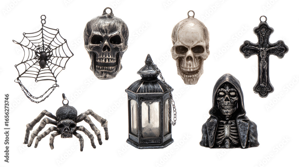 Fototapeta premium Halloween decorations assortment including skulls, spider, spiderweb, lantern, skeleton figure, and cross, perfect for spooky party setups