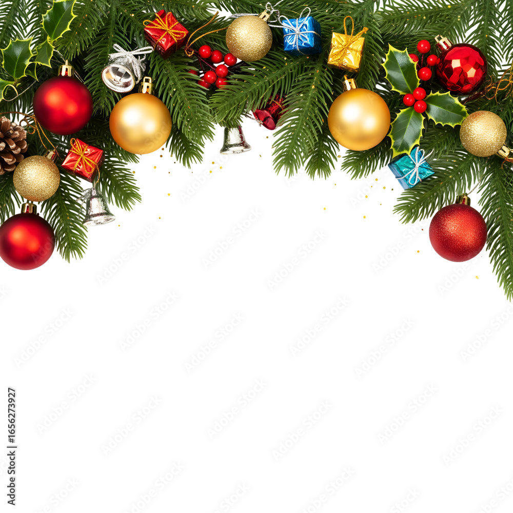 Festive christmas garland with ornaments and pine branches isolated on transparent background Festive christmas garland with ornaments and pine branches isolated on transparent background
