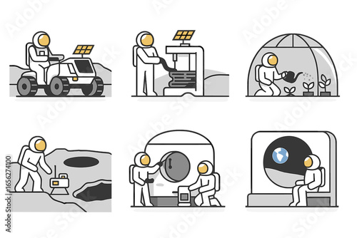 Astronauts exploring and building habitats on alien planets