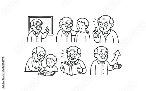 ? hand drawn cute doodle ink line art style line monochrome monochrome isolated on white background elder teacher (actions): teaching mentoring advising explaining storytelling guiding