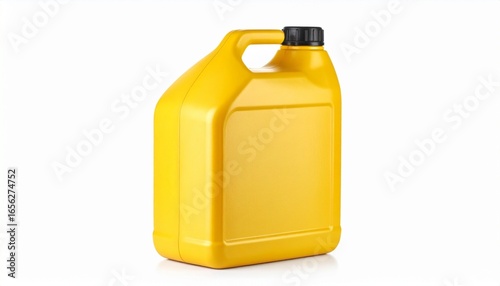 A yellow plastic container with a black cap and top handle, placed on a neutral surface