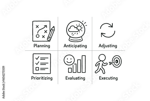 hand drawn cute doodle ink line art style line monochrome monochrome isolated on white background tactical thinker (actions): planning anticipating adjusting prioritizing evaluating