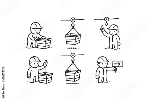 hand drawn cute doodle ink line art style line monochrome monochrome isolated on white background cliff lift operator (tasks): loading lifting lowering signaling stopping guiding