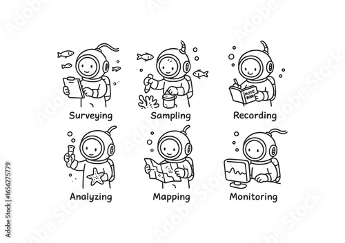 hand drawn cute doodle ink line art style line monochrome monochrome isolated on white background deep sea ecologist (tasks): surveying sampling recording analyzing mapping monitoring