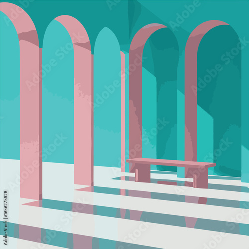 Abstract Architectural Interior With Arches And A Bench In Pastel Colors architecture arcade