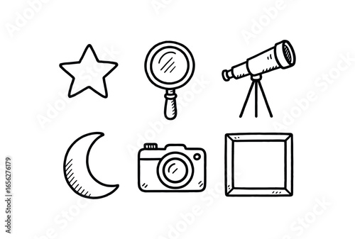 hand drawn cute doodle ink line art style line monochrome monochrome isolated on white background stargazer lens (uses): magnifying focusing capturing observing zooming framing