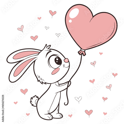 Cute Bunny Hugging Heart - Valentine's Day Cartoon Illustration