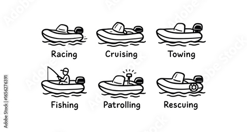 hand drawn cute doodle ink line art style line monochrome monochrome isolated on white background speed dinghy (uses): racing cruising towing fishing patrolling rescuing