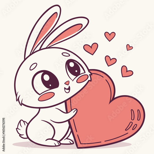 Cute Bunny Hugging Heart - Valentine's Day Cartoon Illustration