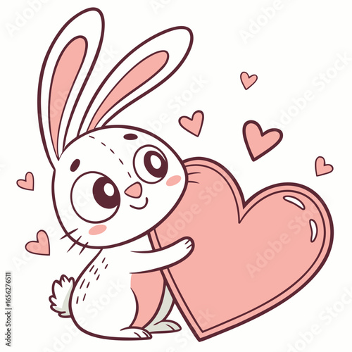 Cute Bunny Hugging Heart - Valentine's Day Cartoon Illustration