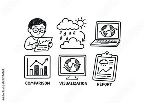 hand drawn cute doodle ink line art style line monochrome monochrome isolated on white background climate data modeler (tasks): analyzing forecasting simulating visualizing comparing